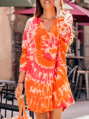 Tie Dye Long Sleeve Notched Neck Mini Dress