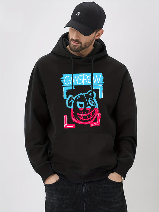 Evil Bear Print Hoodie Men's Graphic Pullover Hooded Sweatshirt