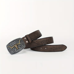 Cattle Head Floral Embossed Buckle Casual Western PU Leather Belt