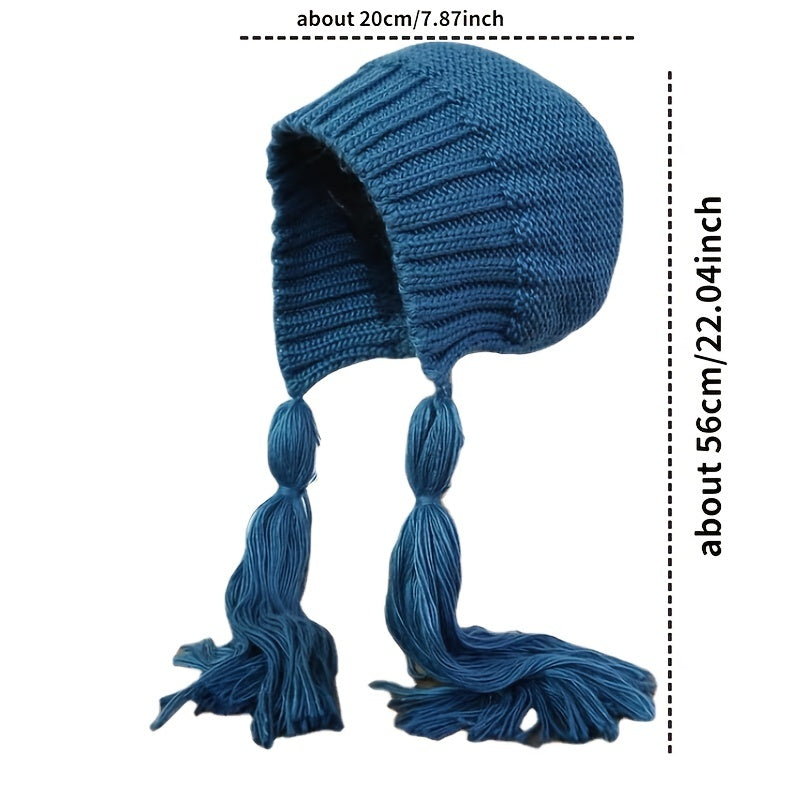Long Twist Braided Sweater Hat Women's Tassel Knitted Hat Solid Warm Ear Protect