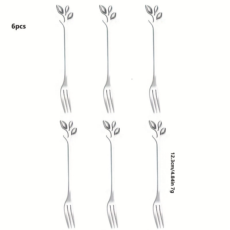 6pcs Stainless Steel Leaf Handle Dessert Spoon Fork Set