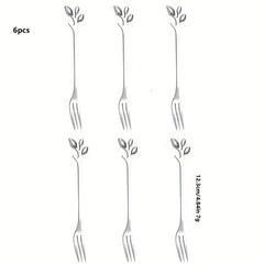 6pcs Stainless Steel Leaf Handle Dessert Spoon Fork Set