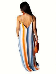  Colorful Stripe Print V Neck Cami Maxi Dress