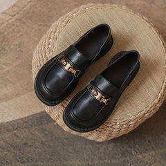 Women's Metallic Chunky Heel Loafers Faux Leather Shoes