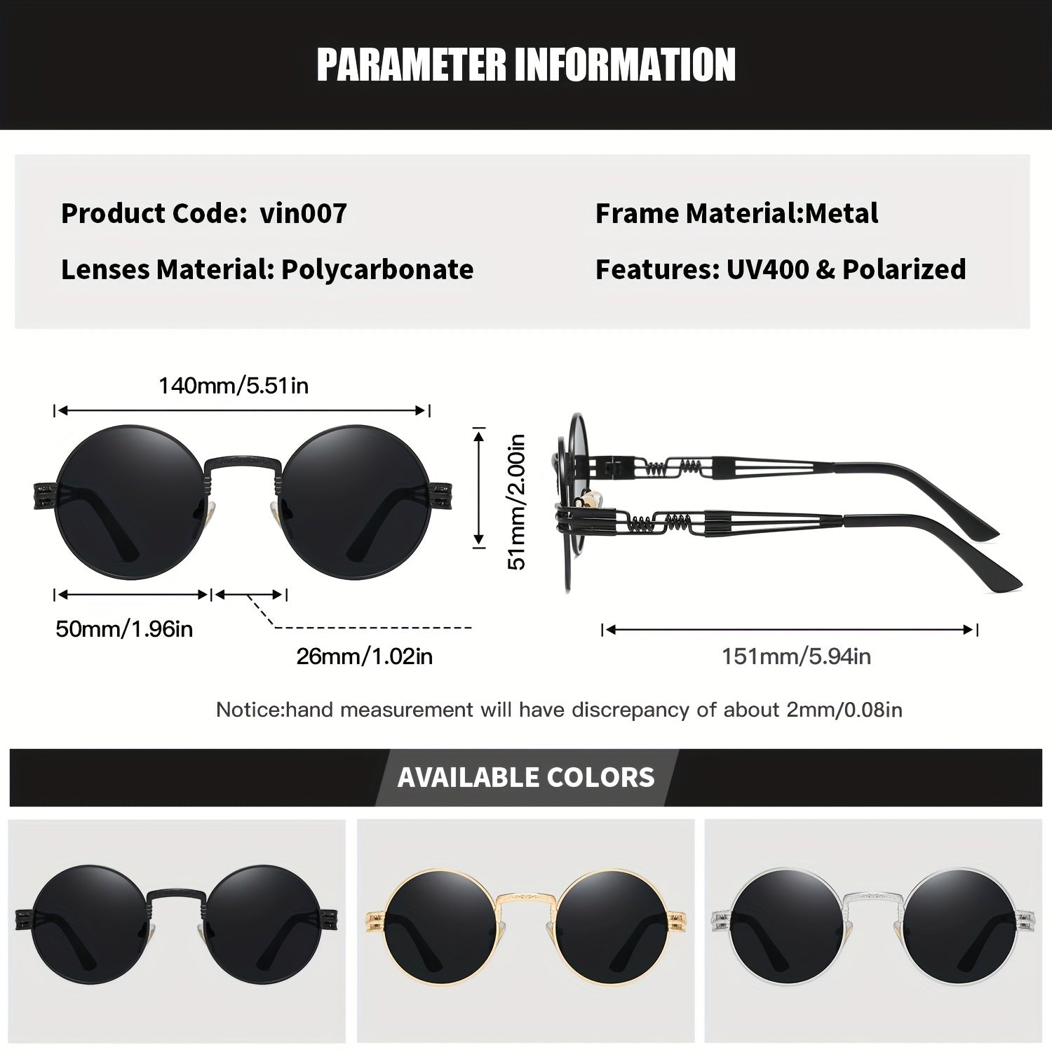 RoyalHot Round Metal Polarized Sunglasses