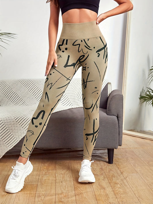 Abstract Letter Print Leggings High Waist Yoga Tight Pants