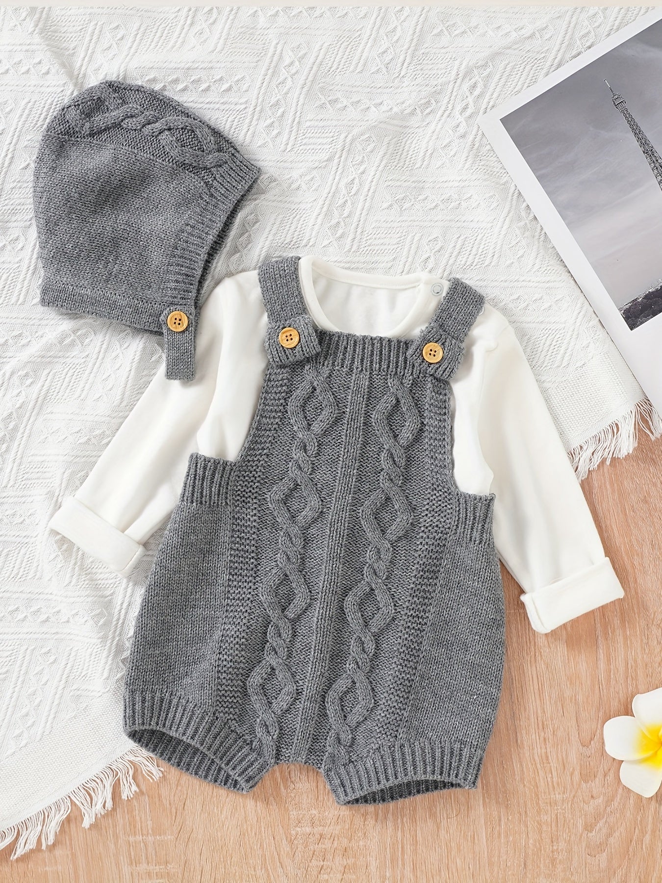 Unisex Baby Knit Sweater Romper Overalls & Hat Set