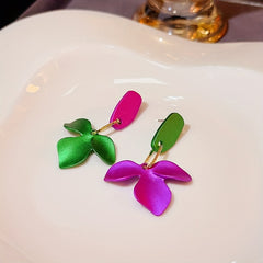 Green & Purple Flower Earrings Silver Needle Punk Style