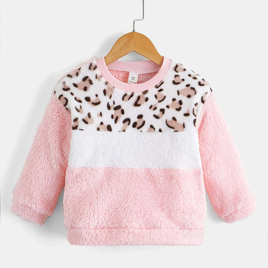 Girl's Plush Sweater With Leopard Print Crew Neck Fleece Sweatshirt