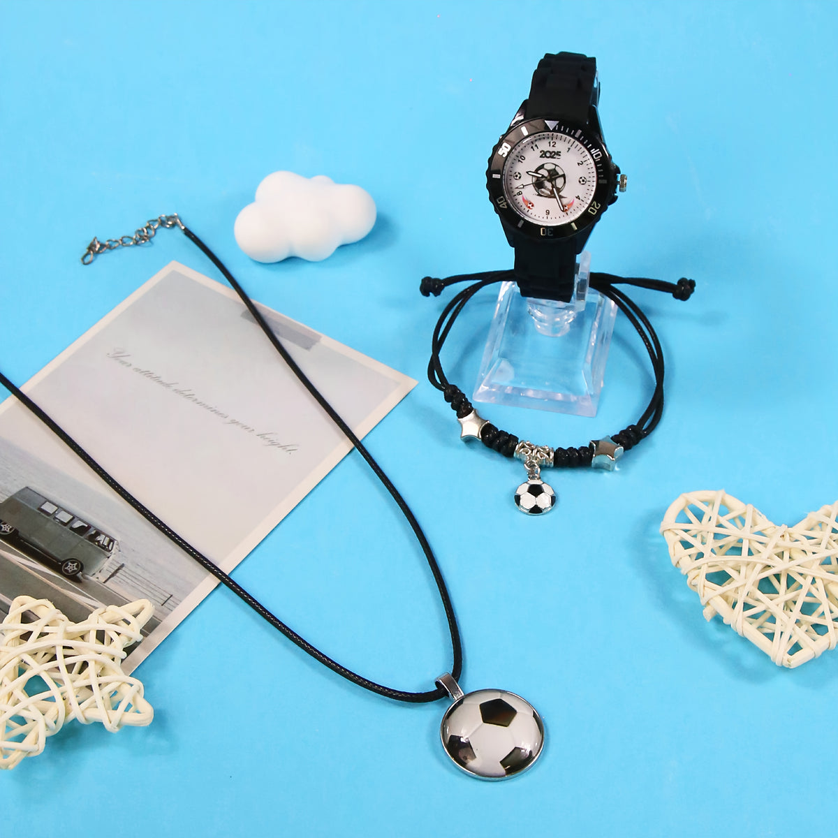 3pcs Boys' Quartz Watch Set Sports Silicone Strap Football Watch and Brace