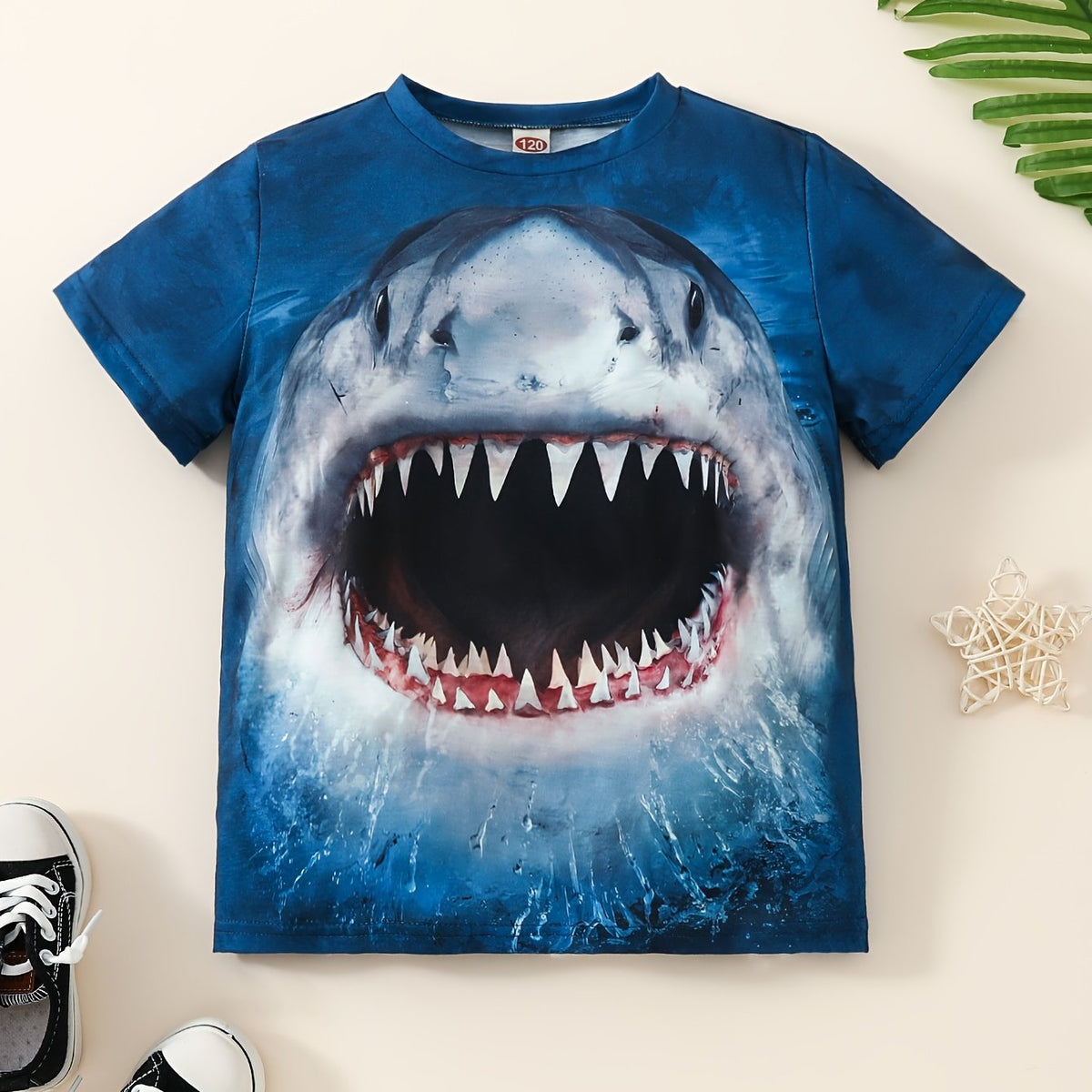Shark Print Boys T-shirt Short Sleeve Crew Neck Summer Casual Kids