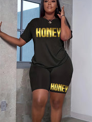  Letter Print Short Tee & Shorts 2 Piece Fitness Set
