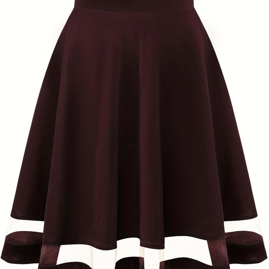 Mesh Splicing Skater Skirts High Waist A Line Solid Skirts