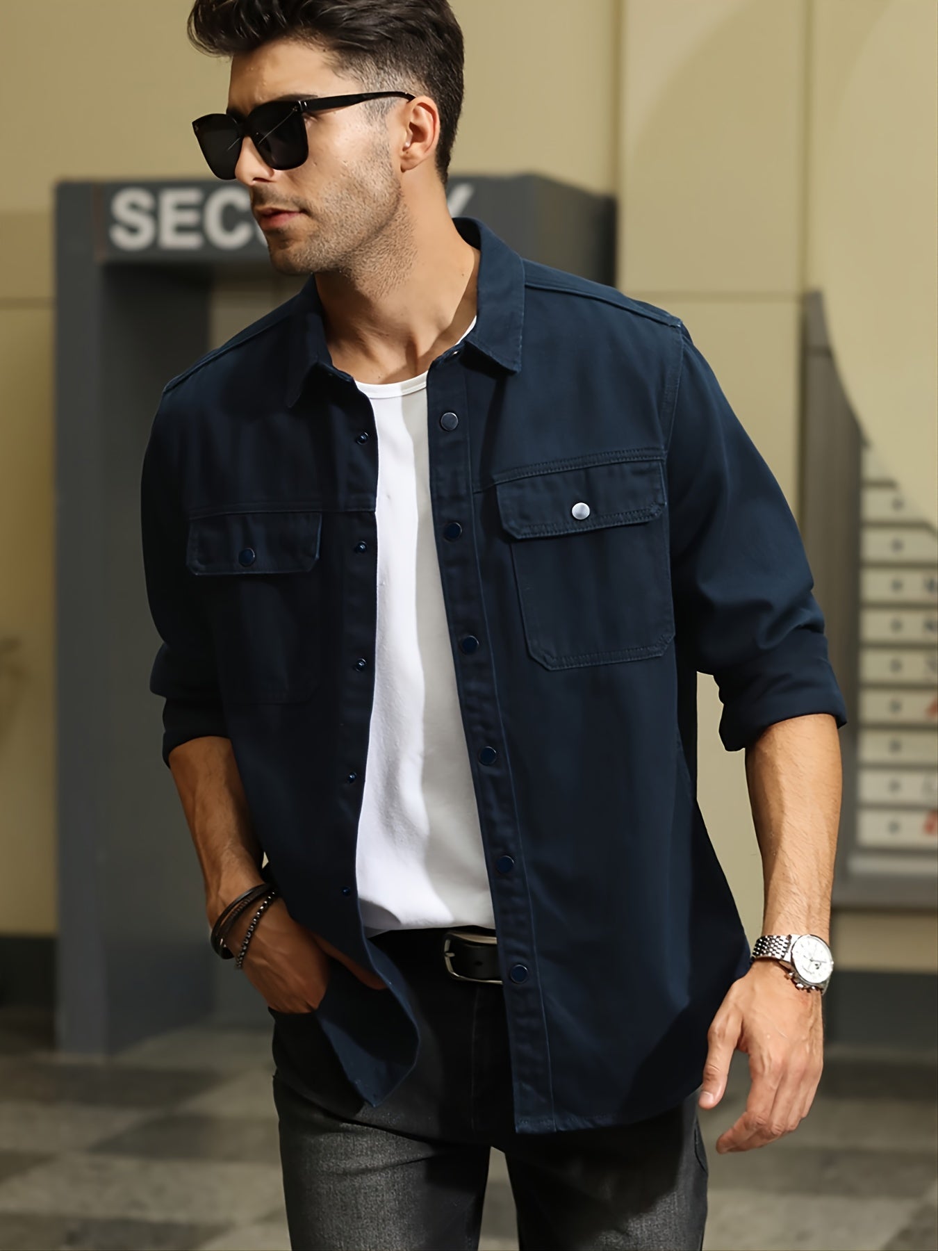 Men's Long Sleeve Button Denim Jacket Casual Navy Cotton Jeans
