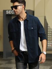 Men's Long Sleeve Button Denim Jacket Casual Navy Cotton Jeans