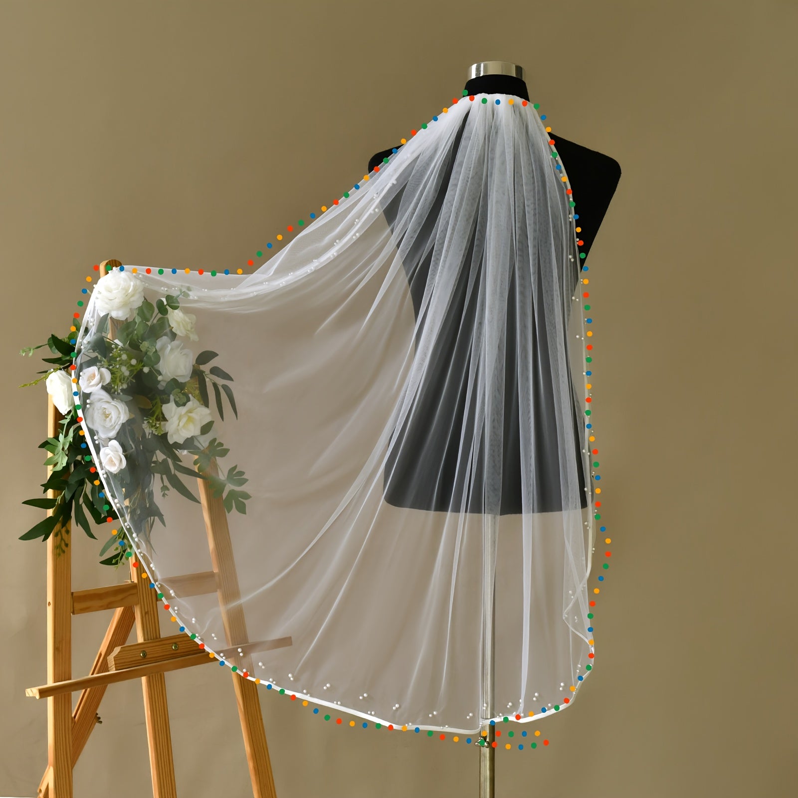 Satin Bridal Veil with Faux Pearl Embellishments Romantic Style
