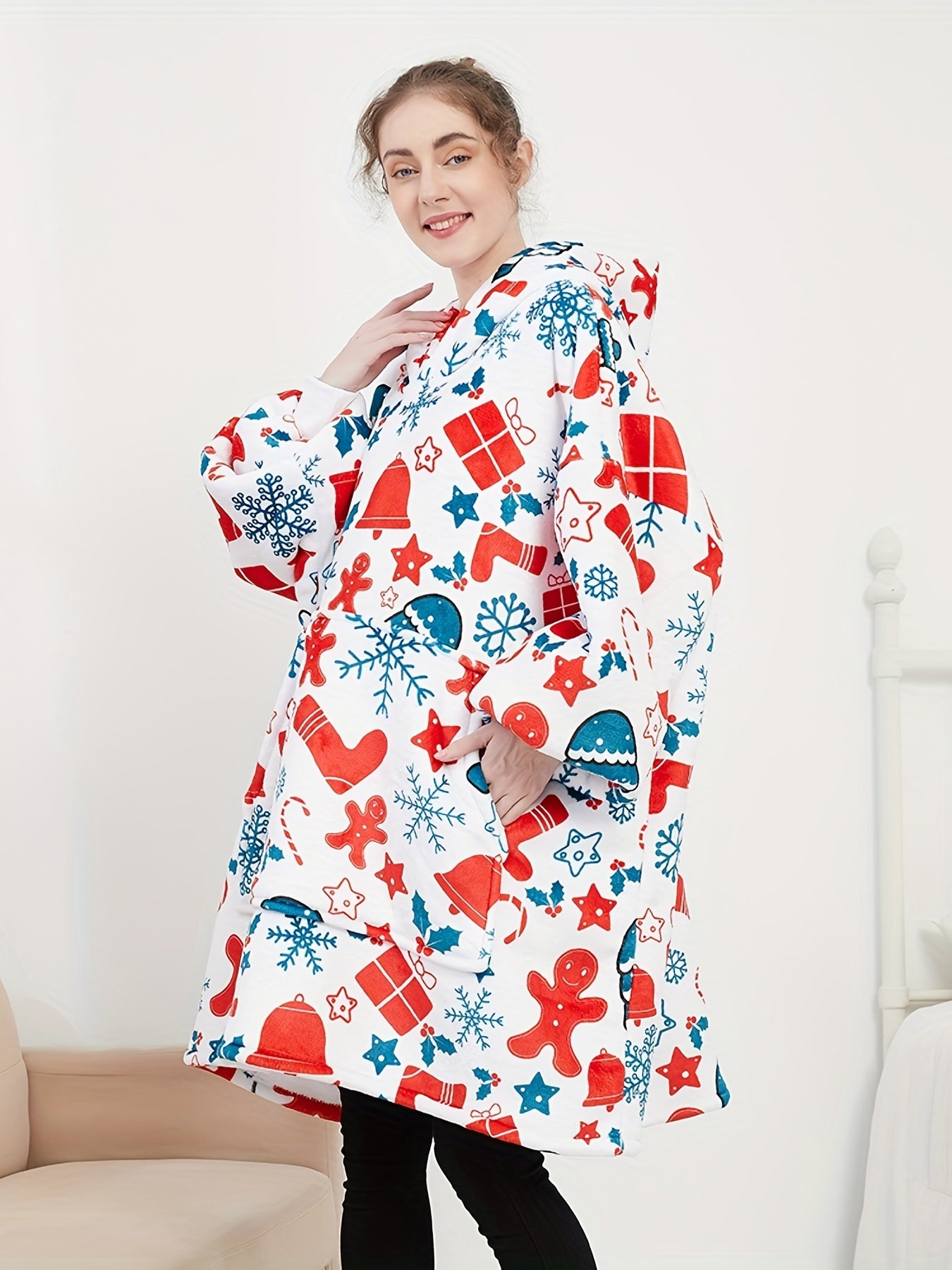  Fleece Snowflake & Bell Print Hooded Robe