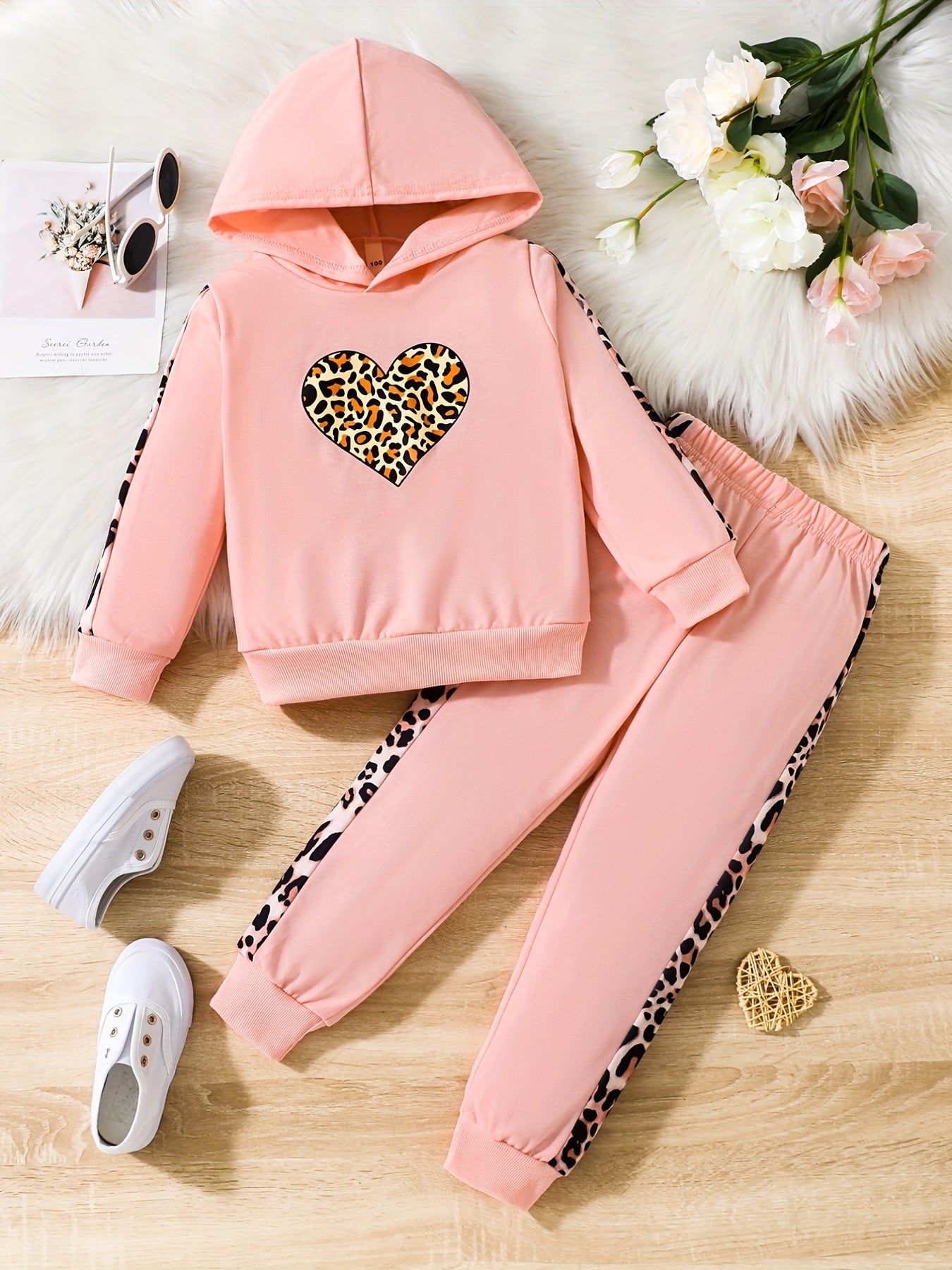 2pcs Girls Leopard print Hoodie And Pants Set