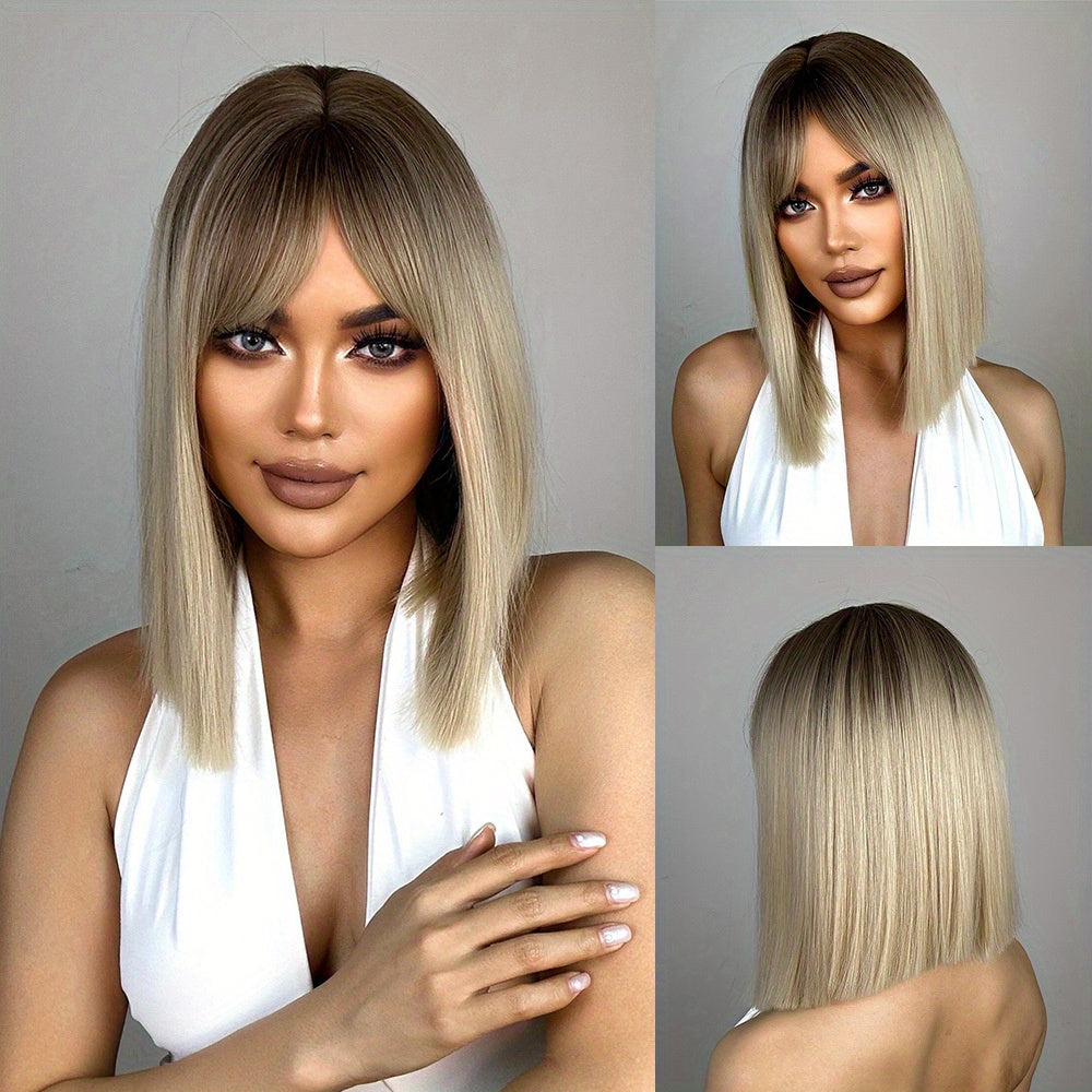 Ombre Bob Wig Straight Synthetic Hair with Bangs for Women