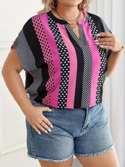  Stripe Print Short Sleeve Stand Neck Blouse