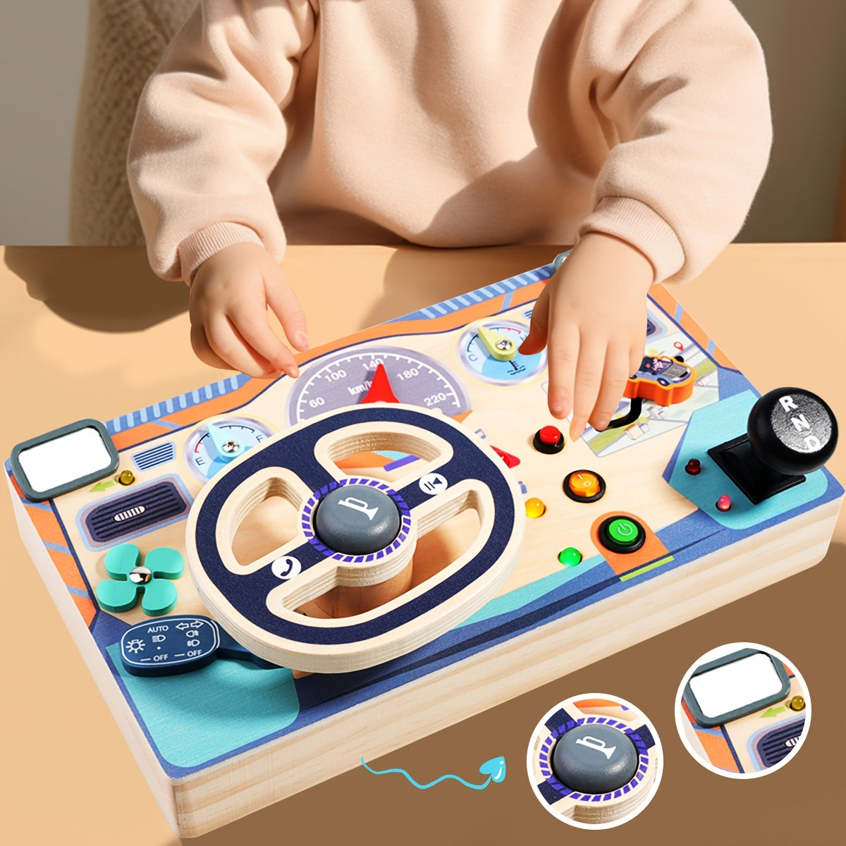 Wooden Busy Board Sensory Toys with Light Switch Steering Wheel