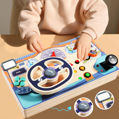 Wooden Busy Board Sensory Toys with Light Switch Steering Wheel