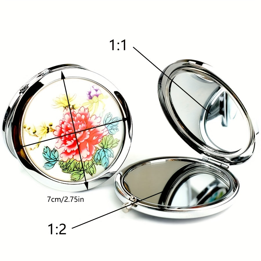 Peony Pattern Folding Compact Mirror Double Side Round Cosmetic Touch up Mirror