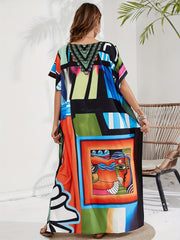  Geo Print Batwing Sleeve V-Neck Split Kaftan Cover Up