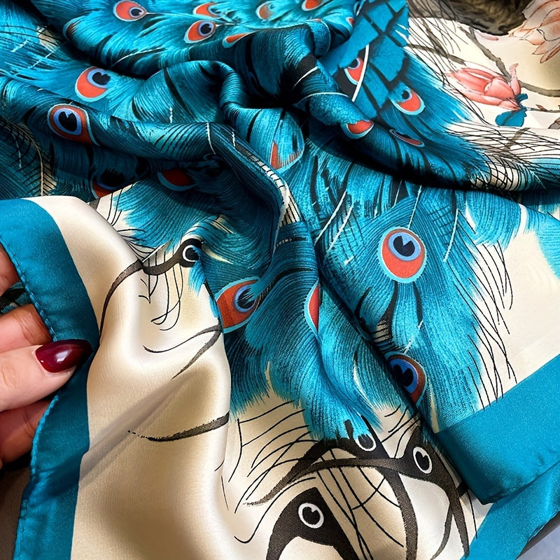 Peacock Print Large Scarf Block Satin Shawl Silk Windproof