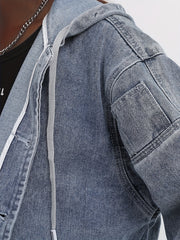  Casual Denim Top Solid Hooded Drawstring Jacket