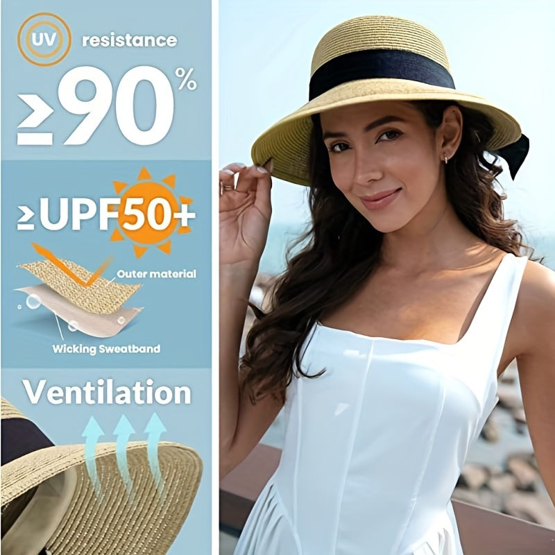 Bowknot Ponytail Sun Hat Wide Brim UV Protection Straw Hat Lightweight Foldable
