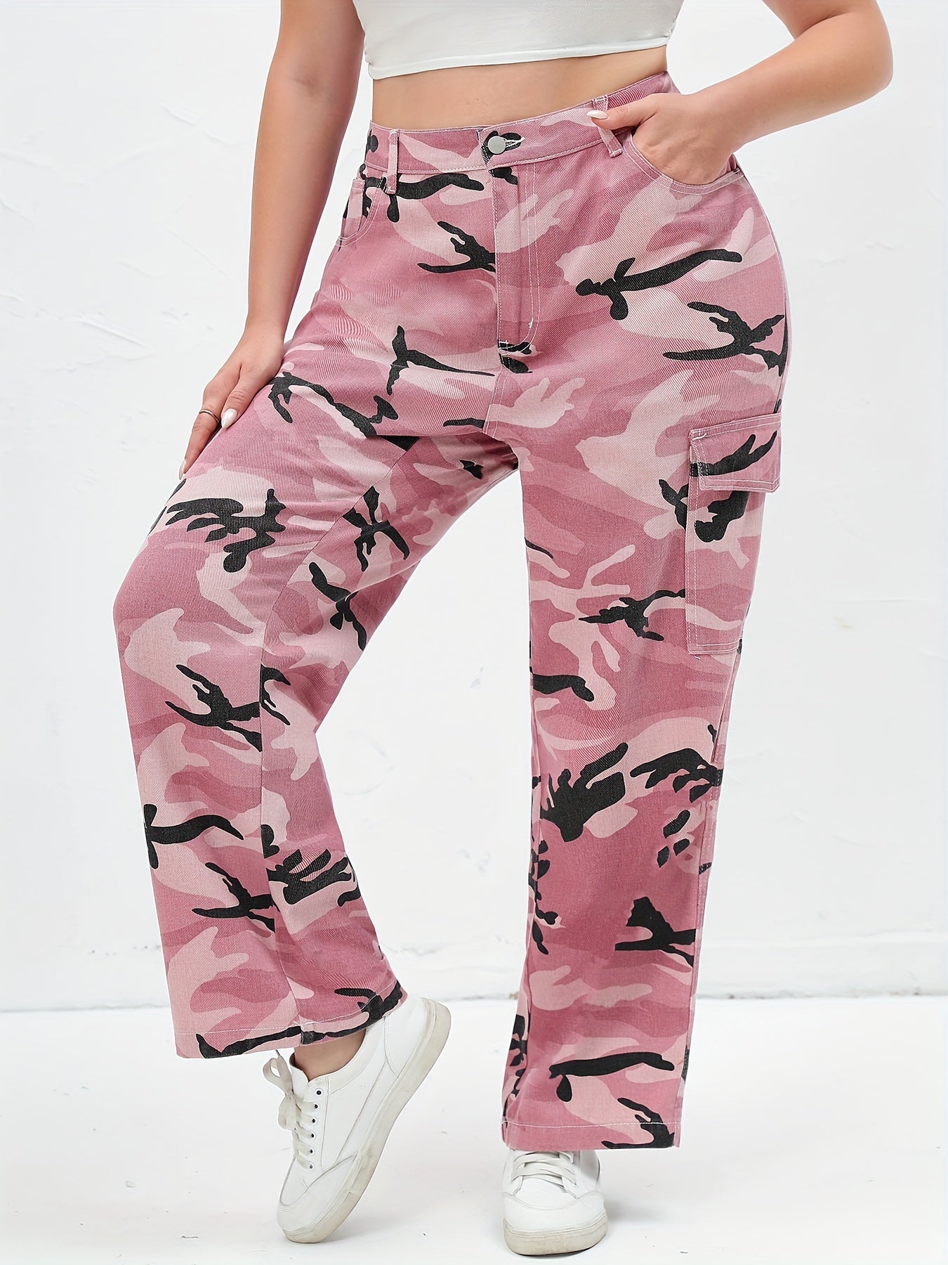 Women's Plus Camo Print Button Fly High Rise Cargo Jeans
