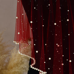 Faux Bridal Veil Red/Golden Wine Soft Nylon Tulle Beaded Edge Hand Wash