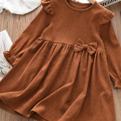 Girls' Corduroy Bow Ruffle Swing Dress for Party Holiday