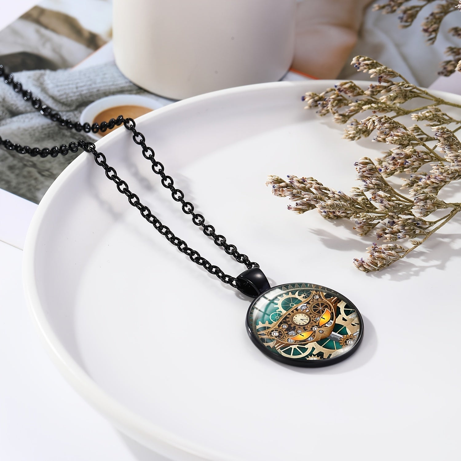 Steampunk Clock Shape Pendant Necklace Animal Pattern Goth Mech