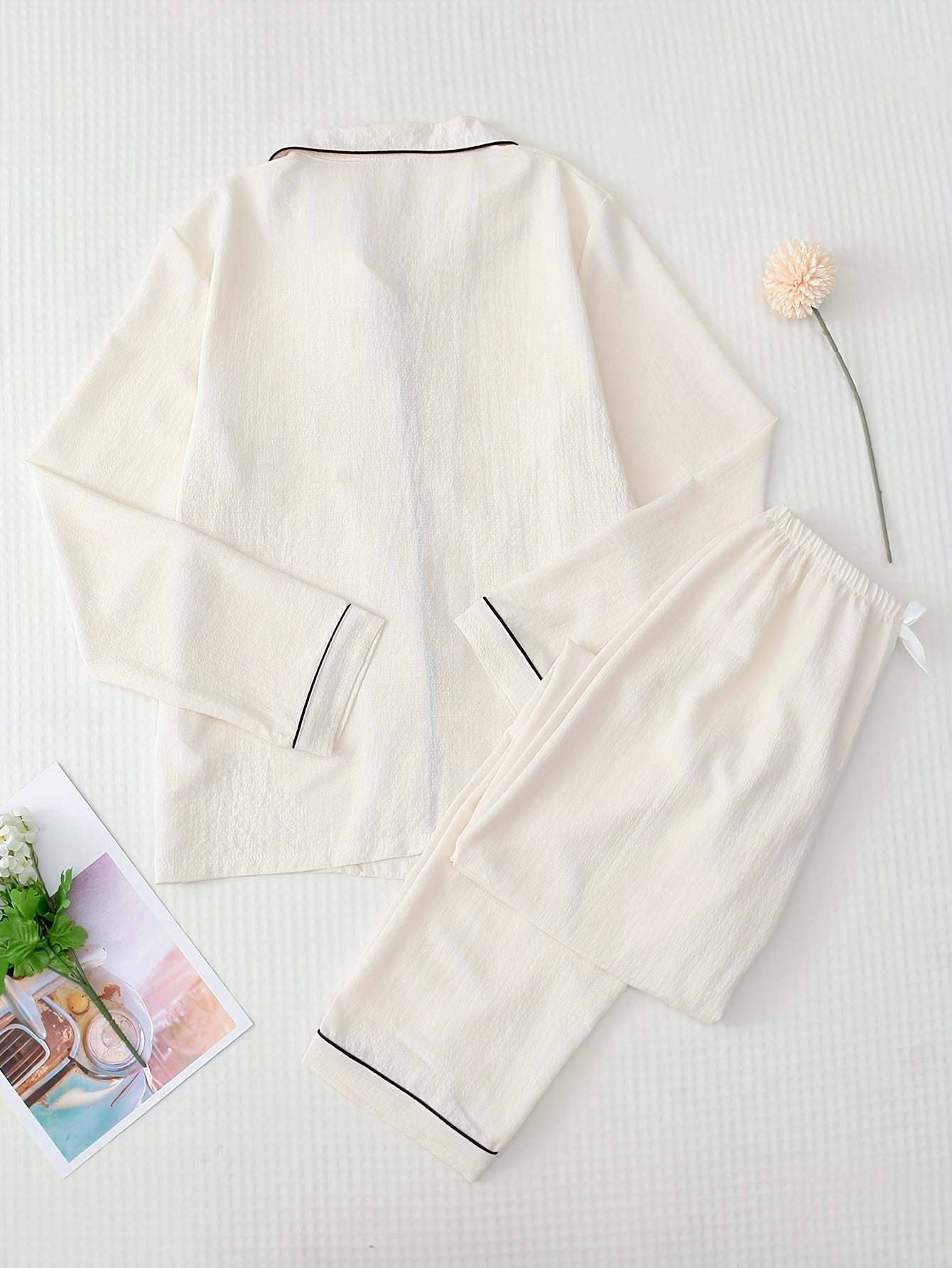 Heart Print Pajama Set Long Sleeve Buttons Top & Elastic Waistband Pants Women