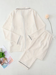 Heart Print Pajama Set Long Sleeve Buttons Top & Elastic Waistband Pants Women