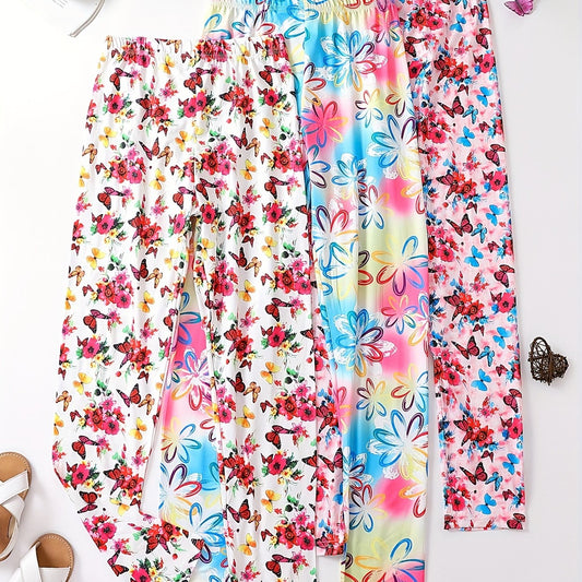 Girls Butterfly & Flowers Print Yoga Pants, Slim Fit Leggings