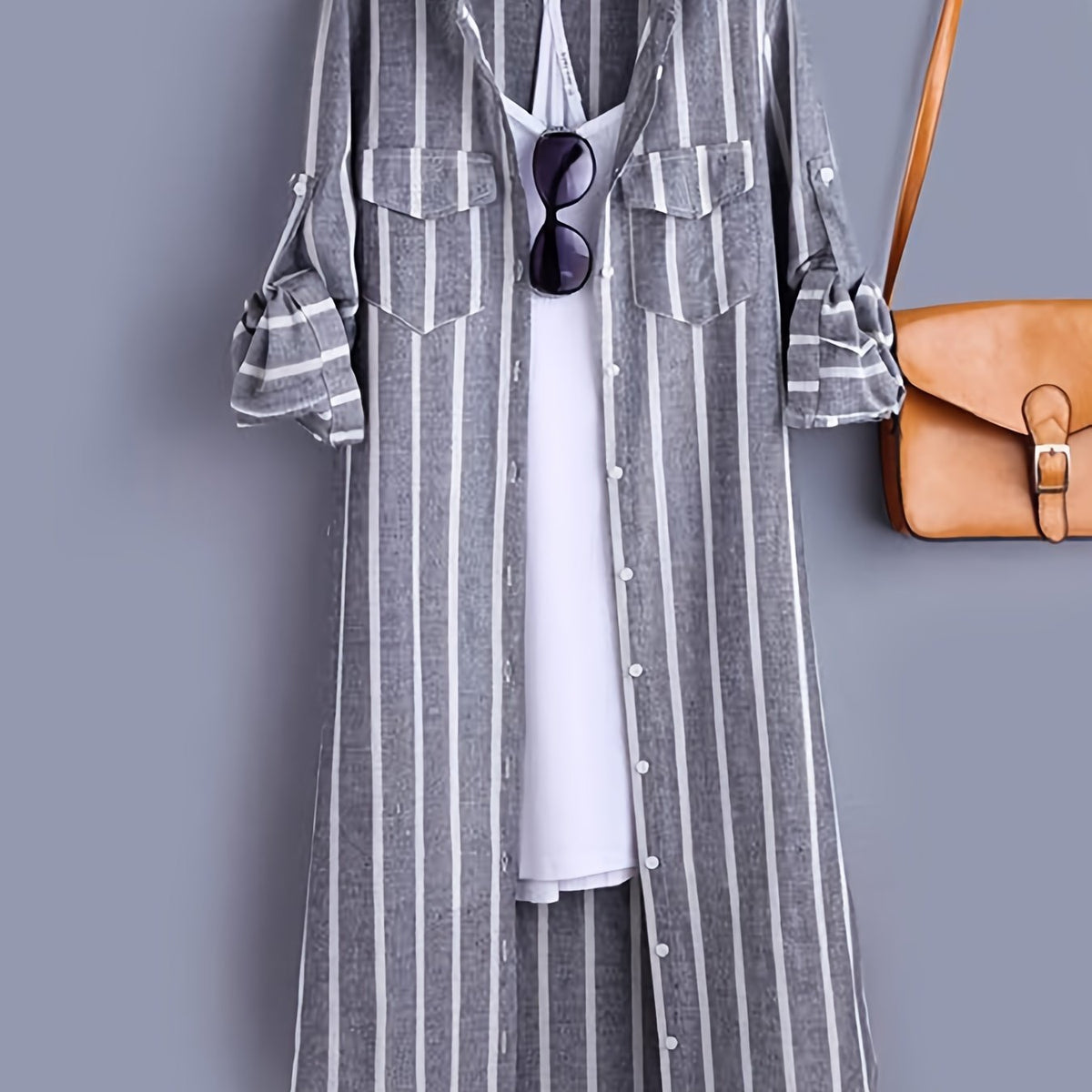  Striped Long Sleeve Button Up Shirt Dress