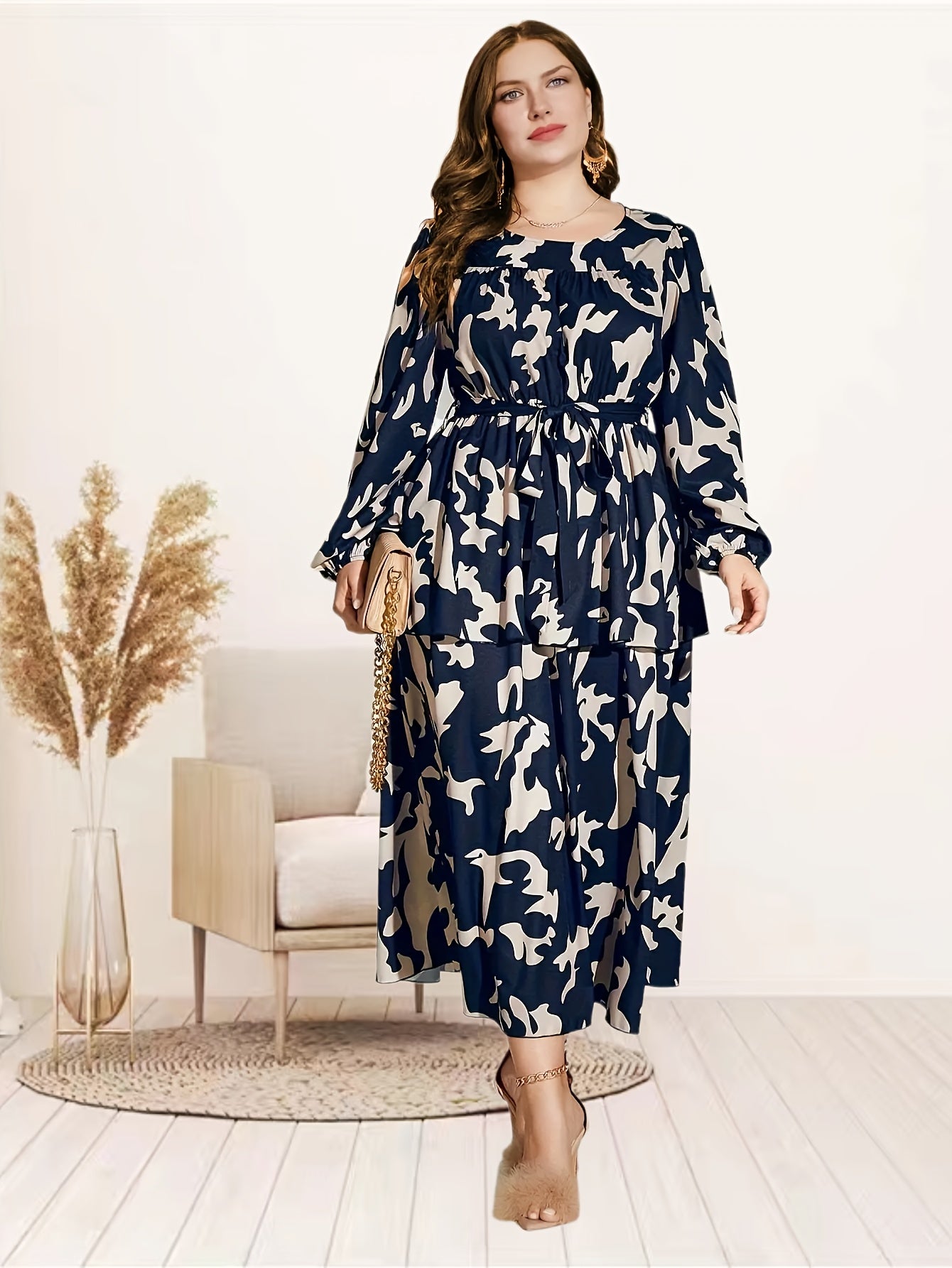  Allover Print Lantern Sleeve Maxi Dress With Belt