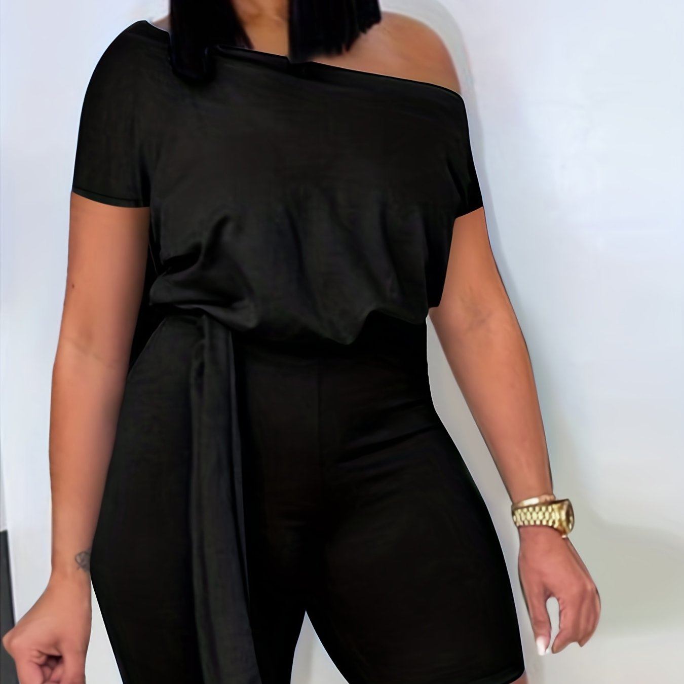  Solid One Shoulder Romper Nipped Waist