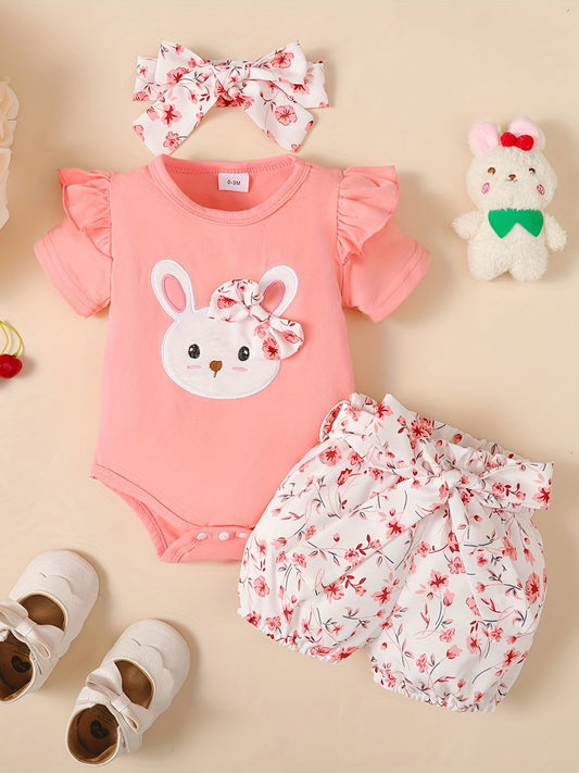 3pcs Baby Girls Rabbit Print Onesie & Floral Shorts Set