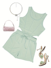 Casual Top Stitching Two-piece Set Crop Tank Top & Drawstring Shorts