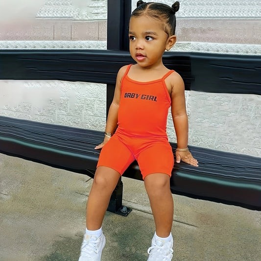 Girls Letter Graphic Cami Romper Casual Sports Jumpsuit Kids Summer Clothes