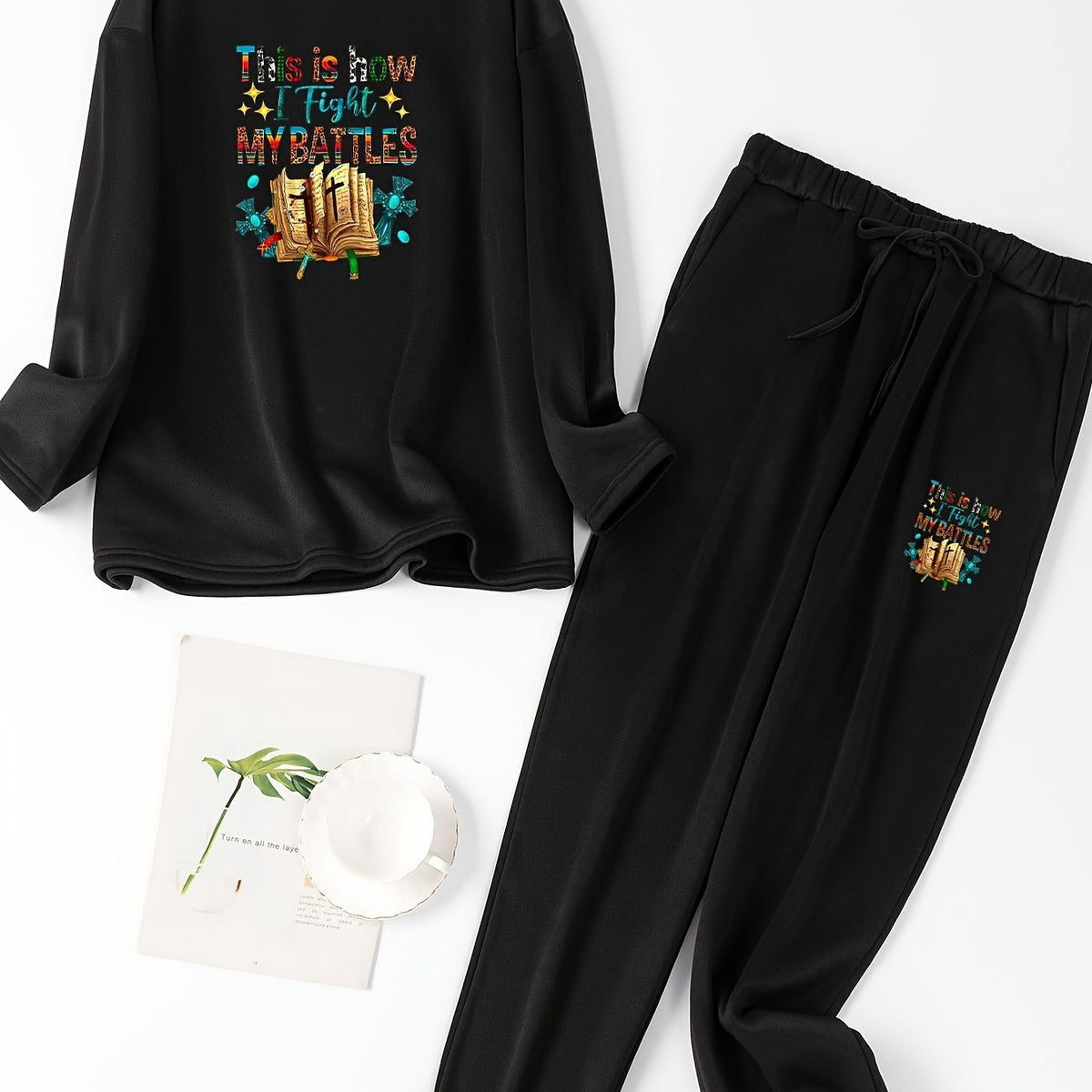  Slogan & Graphic Print 2 Piece Set Long Sleeve Round Neck Pajama