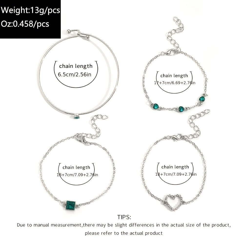 4 Pcs Hollow Chain Bracelet Set Heart Shape Gems Bangle Adjustable Jewelry