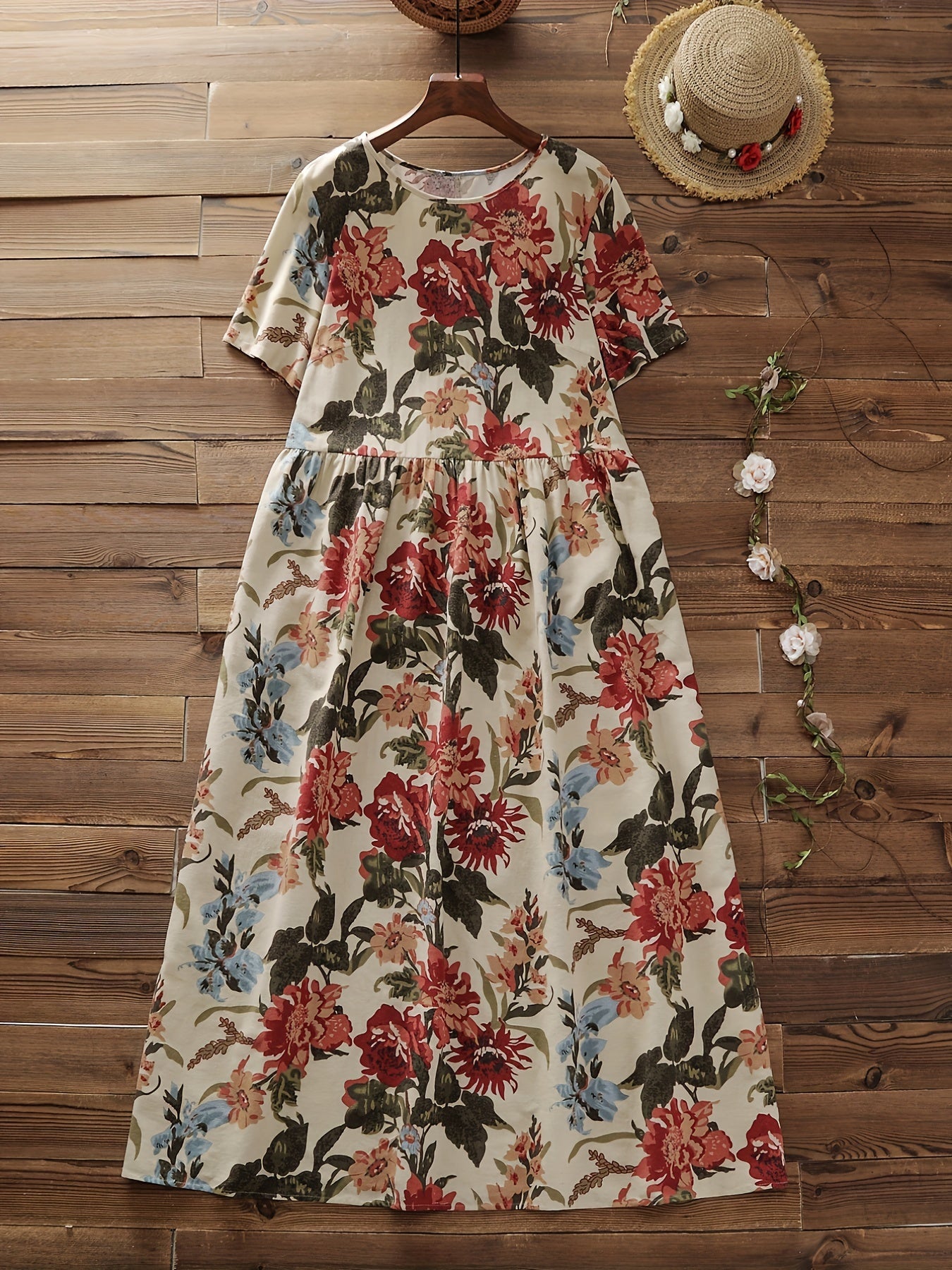  Floral Print Short Sleeve Round Neck Dress
