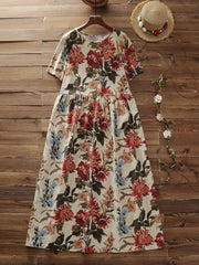  Floral Print Short Sleeve Round Neck Dress