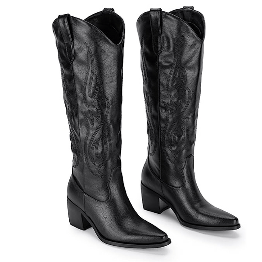 Women's Western Cowboy Boots Chunky Heel Embroidered Wide Calf