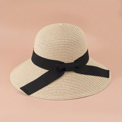 Straw Sun Hat with Ribbon Bowknot Decor for Women